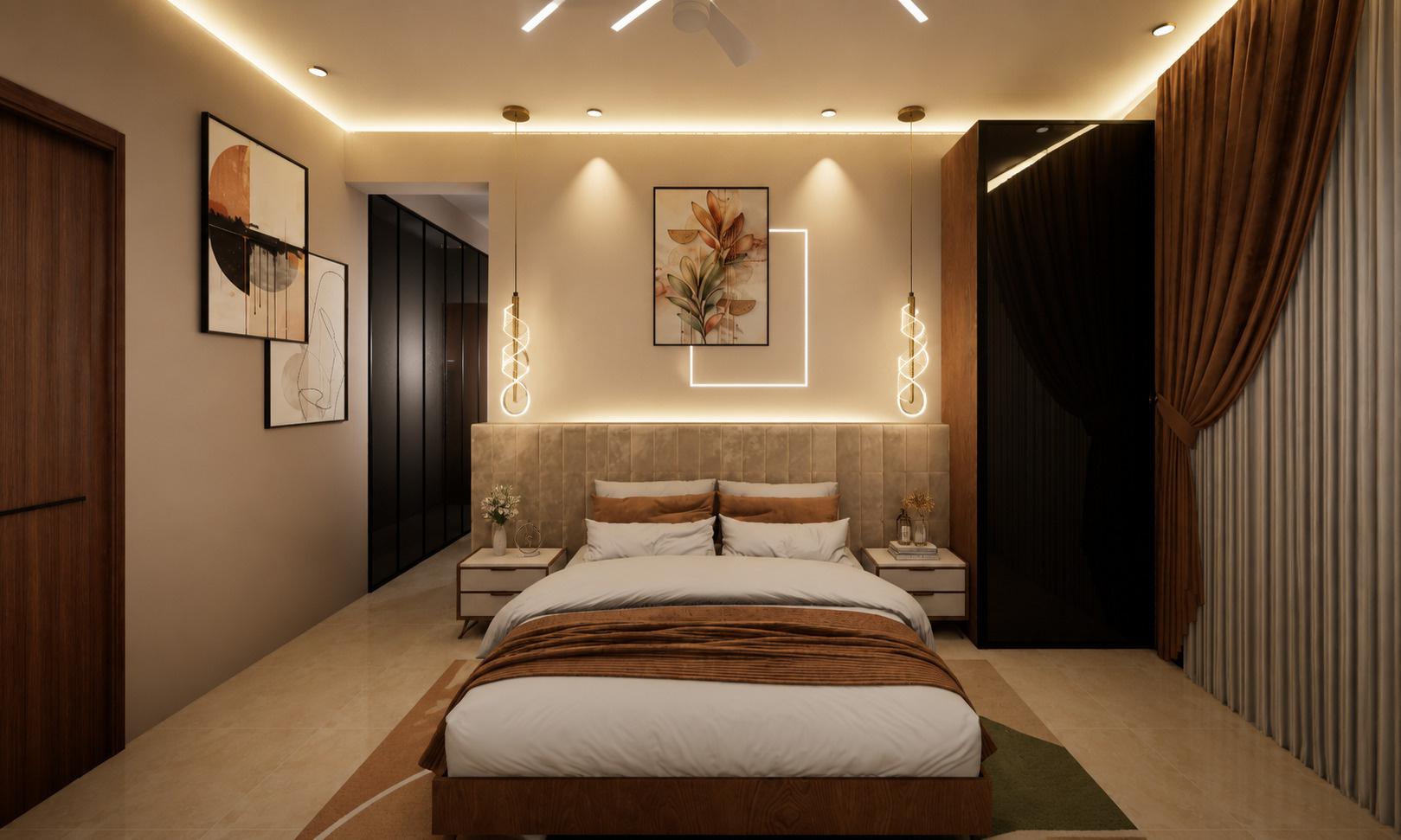 Warm luxurious master bedroom with botanical mural