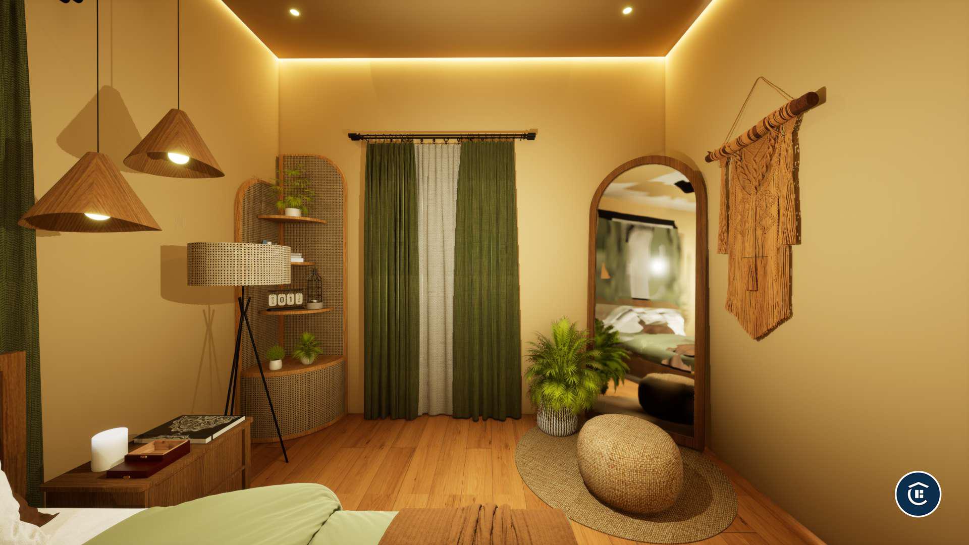 Biophilic bedroom with hanging greenery and warm brass pendants